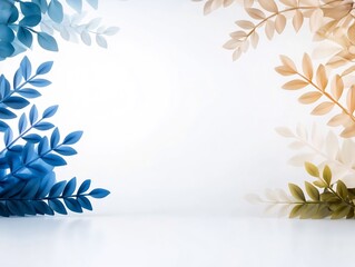 Obraz premium Soft light illuminates cool blue and warm beige leaves elegantly arranged on white background. AI Generated