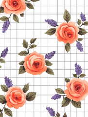 Watercolor roses and lavender on grid background create vintage charm