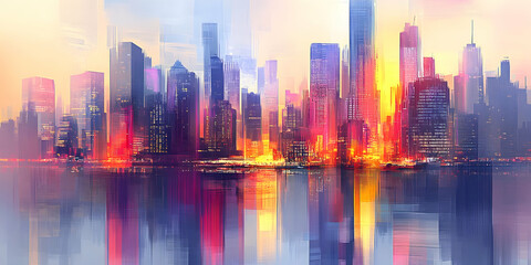 Obraz premium Abstract cityscape with reflections on water, an impressionist-style painting with soft pastel colors of sky blue and lavender.
