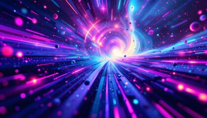 Fototapeta premium A cosmic abstract tunnel with bright streaks of light and floating spheres symbolizes infinite potential and technological advancement - suitable for tech conferences or futuristic media.