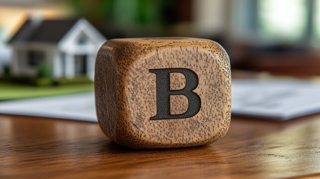 Wooden block letter B, house model, contract.