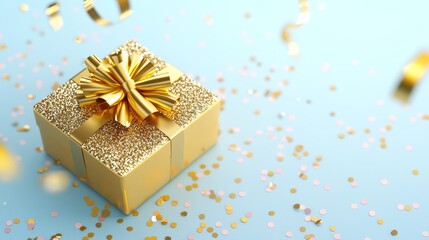 Obraz premium Gold Gift Box with Ribbon and Confetti - Sparkling gold gift box with a golden ribbon, surrounded by confetti, symbolizing celebration, joy, luxury, surprise, and appreciation.