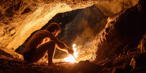 Man creating fire inside a cave during ancient times