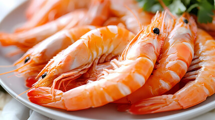 of fresh shrimp in a plate, pale pink and white tones, isolated on a white background, intricate textures, clean and bright seafood presentation. Seawood. Illustration