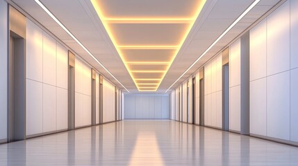Fototapeta premium A modern, well-lit corridor with sleek walls and elevators, suggesting a professional environment.