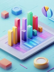 Colorful 3D bar chart and graphs on a tablet, illustrating financial growth and data analysis. illustration