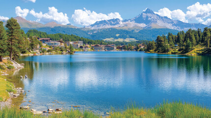 Fototapeta premium breathtaking swiss alps summer lake with stunning mountains, picturesque alpine villages, and crystal clear waters surrounded by serene nature and charming scenery