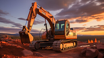 Excavator working at a construction site during sunset in a mountainous landscape with golden skies