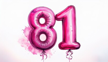 Pink birthday / anniversary party balloon, number 81, watercolor painting with white background