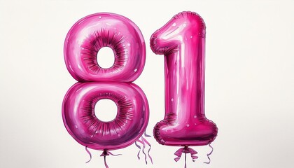 Pink birthday / anniversary party balloon, number 81, watercolor painting with white background