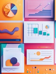 A colorful presentation board displaying various charts and graphs illustrating data trends and comparisons. illustration