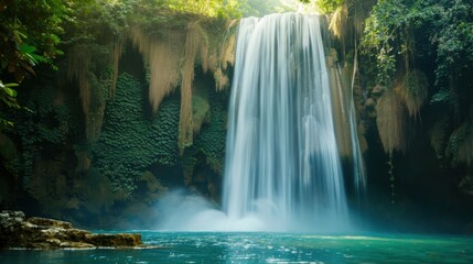 Obraz premium a majestic waterfall cascading down rugged cliffs into a pristine pool below, white space in the center of the page for text, powerful and awe-inspiring scenes against a backdrop of nature's grandeur