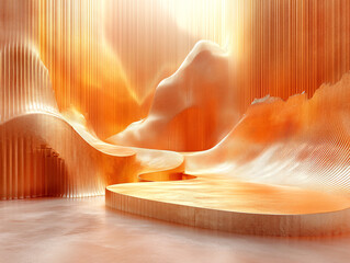 Obraz premium Chinese new year theme, futuristic, abstract scene with a golden, wave-like structure and a smooth, rounded platform in the foreground, all set against a textured, vertical line background. 
