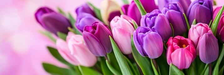 Obraz premium Spring Tulip Bouquet - Vibrant pink and purple tulips, spring bloom, floral beauty, nature's colors, romantic gift.