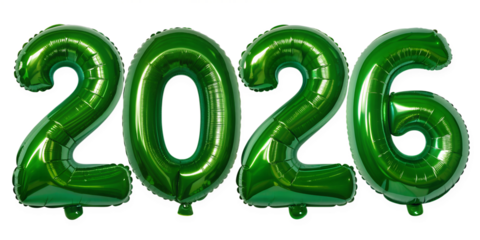 3D iridescent year 2026 numbers in green balloon style text