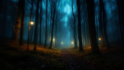 Foggy Forest Path Night Scene with Lights Landscape