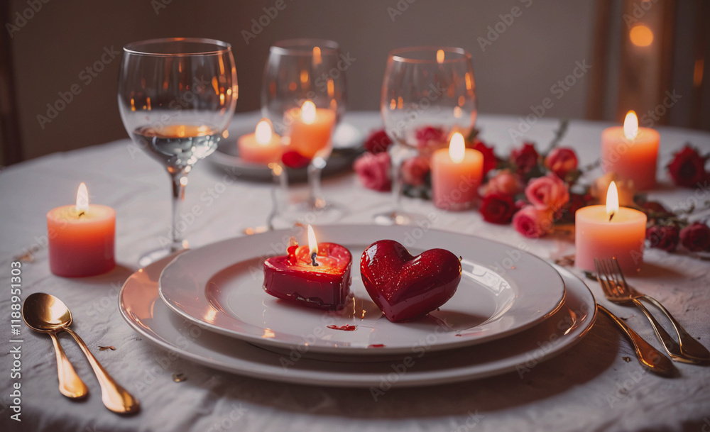 Poster table with a white tablecloth and a plate with two heart shaped desserts. there are also candles and