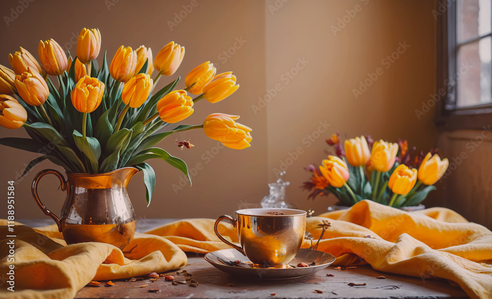 Poster Table with a pitcher and a cup of tea. There are flowers in a vase on the table