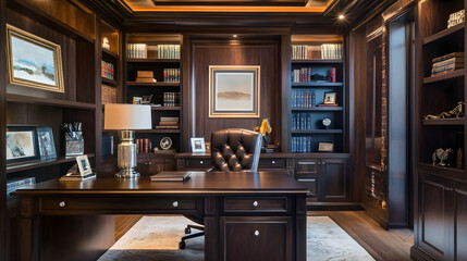 Sophisticated Luxury Home Office with Dark Wooden Desk and Leather Accents