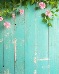 Fototapeta premium Pink Flowers on Rustic Teal Wooden Background Spring Floral Design