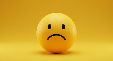 Yellow sphere textured with sad face emoji on yellow background. Horizontal composition.

