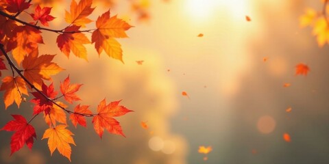 Obraz premium Autumnal Branch with Vivid Red and Orange Leaves Gently Falling in Soft Sunlight