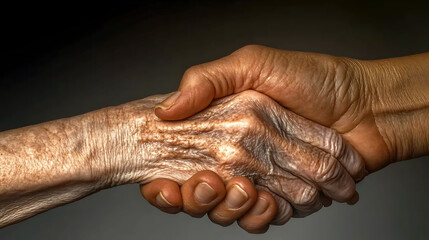 Fototapeta premium Closeup shot of two hands clasped together, showcasing the texture and age of the skin. A powerful image representing connection, support, and the passage of time.