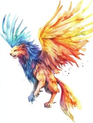 Fototapeta premium A vibrant watercolor illustration of a mythical creature, featuring the body of a lion and the wings and head of an eagle, showcasing a spectrum of warm colors, isolated on white background illustrat