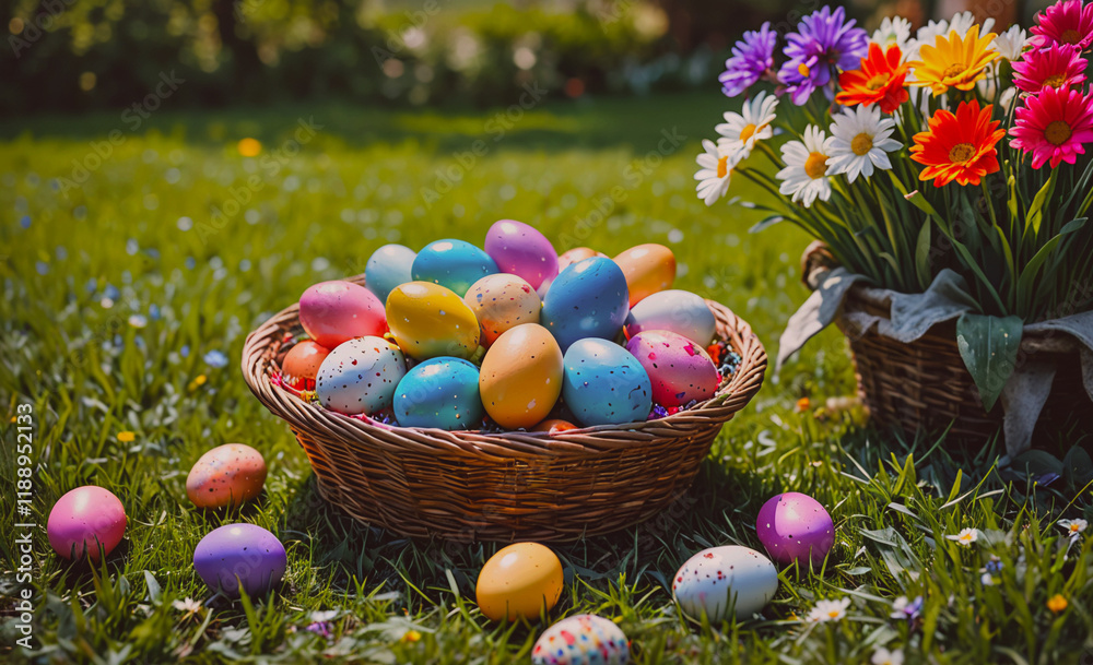 Poster basket full of easter eggs is on the grass. the basket is in the foreground and the eggs are scatter