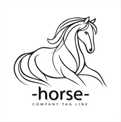 A dynamic black and white illustration of a galloping horse, showcasing elegance and strength. The vector design highlights the full body with detailed contours, ideal for logos, emblems, or mascots.
