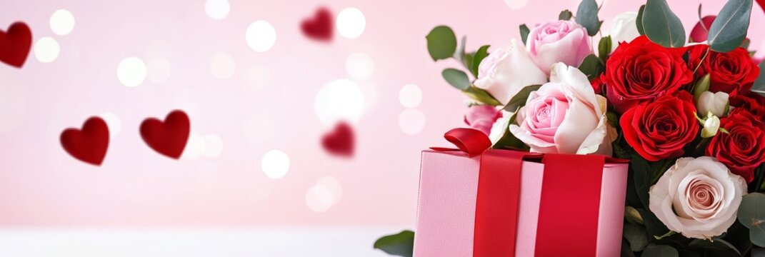 Romantic Celebration Elegant Floral Arrangement Gift - A pink and red gift box adorned with a lovely bouquet of roses, symbolizing love, romance, celebration, affection, and happiness. Perfect for Val