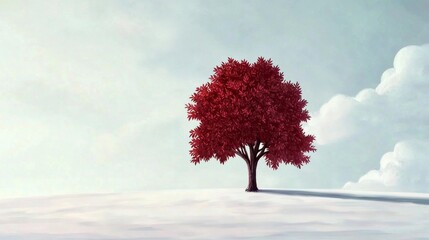 Vibrant Red Tree Standing Alone on a Snowy Hill with a Soft Blue Sky and Fluffy Clouds in the Background, Symbolizing Solitude and Beauty of Nature