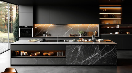 High-end appliances and meticulous details showcase a premium kitchen design with a dramatic dark gray and white marble aesthetic.