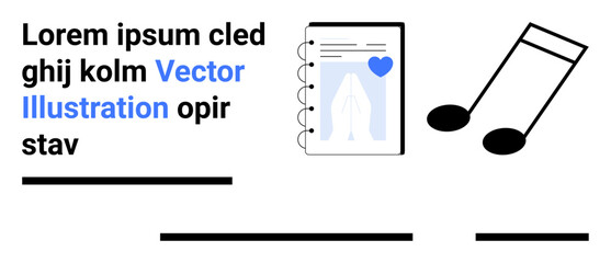 Text with mixed typography, spiral notebook, heart, music note symbols in black and blue. Ideal for education, music, blogs, online courses, presentations, infographics, social media. Landing page