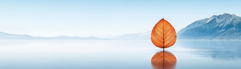 Obraz premium Serene Orange Leaf Floating on Calm Water with Majestic Mountains in the Background