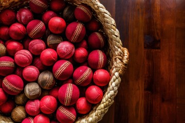 Obraz premium Cricket balls, vintage leather, woven basket, red and brown spheres, aged cricket equipment, traditional sports gear, worn texture, nostalgic sporting goods, circular objects, classic game accessories