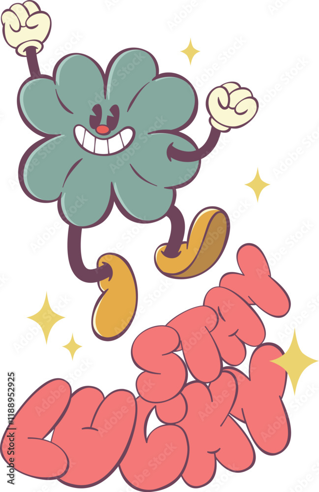 Poster cute retro clover character with positive groovy vibes text - funky 70s inspired art