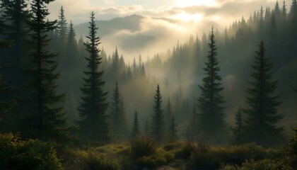 Misty Mountain Sunrise: Serene Coniferous Forest in Golden Light