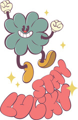Cute Retro Clover Character with Positive Groovy Vibes Text - Funky 70s Inspired Art