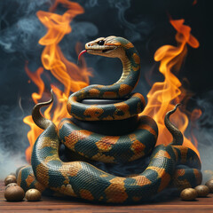 Naklejka premium Great Night of Lord Shiva Background, Serpent and damaru, symbolic objects like a coiled serpent and a damaru, small drum, ad, podium platform, product presentation space