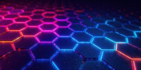Fototapeta premium Abstract Hexagonal Grid with Vibrant Neon Illumination and Glittering Surface