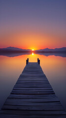 Obraz premium Tranquil Sunset Over a Serene Lake with Distant Mountain Silhouettes and Wooden Dock