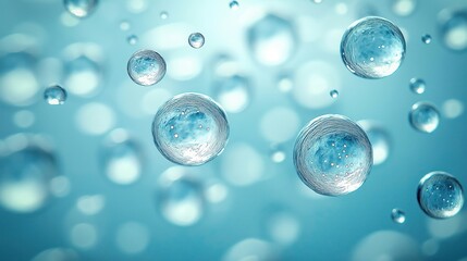 Abstract image shows clear water droplets, bubbles in mid air. Clean, fresh look. Image suitable for various themes related to purity, natural resources. Ideal for skincare products water