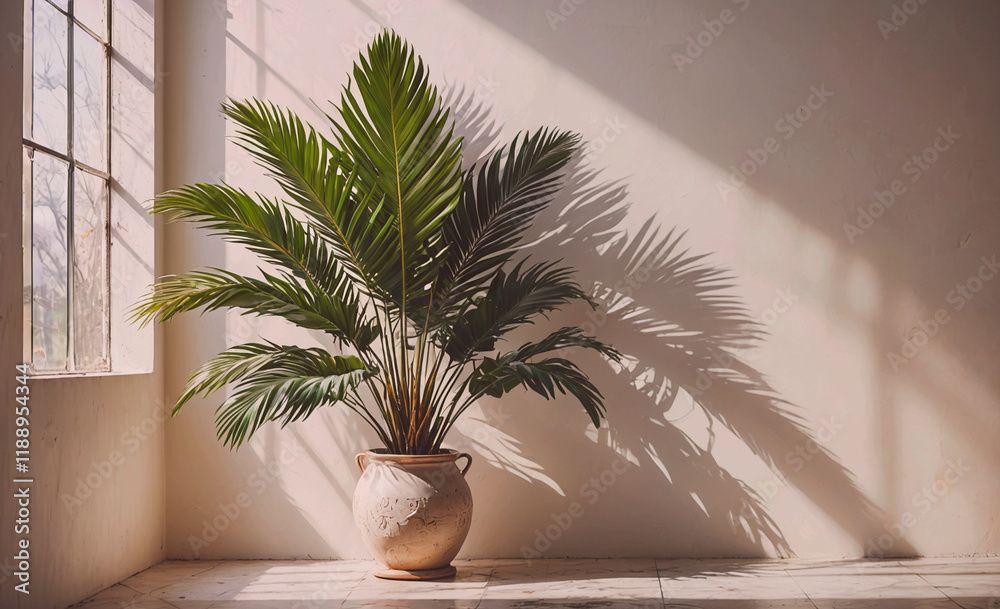 Poster large palm tree is sitting in a large vase. the vase is on a white tile floor