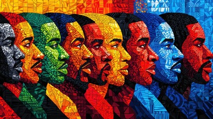 Colorful portrait collage depicting influential figures with vivid patterns and expressions. celebration of African American history concept