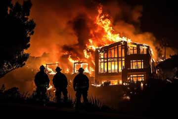 A night scene in Pacific Palisades, California, firefighters are battling a raging wildfire. Against a backdrop of intense flames, firefighters stand among the burning remains of high-rise buildings