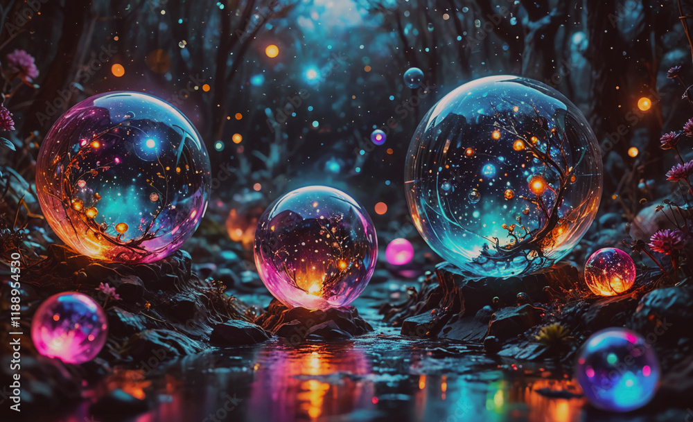 Poster three colorful glass spheres are floating in a river. the spheres are illuminated by a light source.