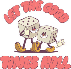 Cute Retro Dice Character with Positive Groovy Vibes Text - Funky 70s Inspired Art