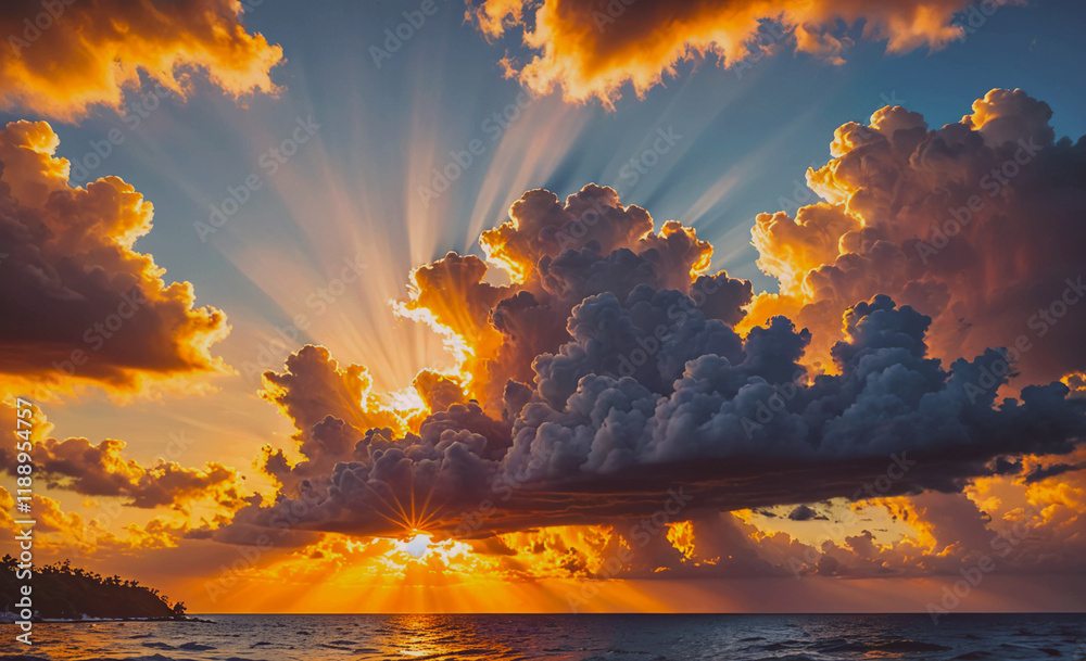 Aufkleber the sun is shining through the clouds in the sky. the clouds are white and fluffy. the sky is orange
