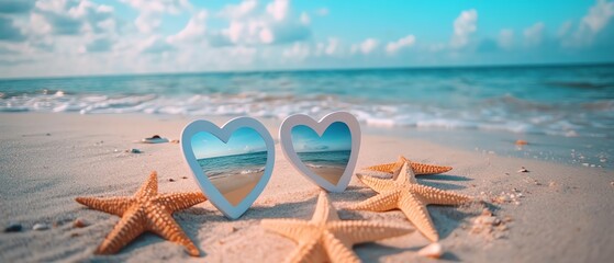 Collage de photos en forme de c ur, plage en arriereplan, design creatif et amoureux